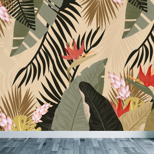 Leaves and Flowers Mural Wallpaper Tropical No-Woven Textured Wall Decor in Green Clearhalo 'Wall Decor' 'Wall Mural' 1618036