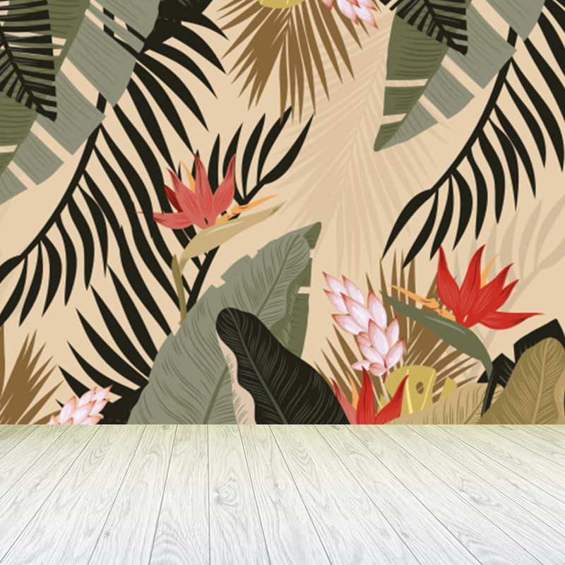 Leaves and Flowers Mural Wallpaper Tropical No-Woven Textured Wall Decor in Green Clearhalo 'Wall Decor' 'Wall Mural' 1618037