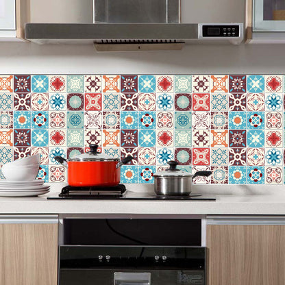 Flowers Wallpaper Panel Set Boho Exotic Mosaic Tile Peel Wall Covering in Blue, 3.5' L x 3.5" W Blue Clearhalo 'Wall Decor' 'Wallpaper' 1618194