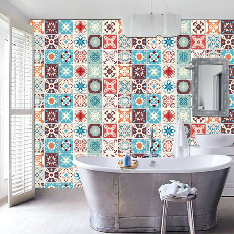 Flowers Wallpaper Panel Set Boho Exotic Mosaic Tile Peel Wall Covering in Blue, 3.5' L x 3.5" W Clearhalo 'Wall Decor' 'Wallpaper' 1618195