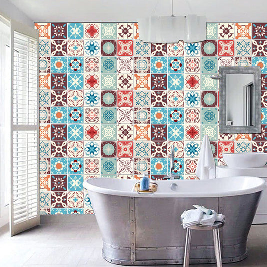 Flowers Wallpaper Panel Set Boho Exotic Mosaic Tile Peel Wall Covering in Blue, 3.5' L x 3.5" W Clearhalo 'Wall Decor' 'Wallpaper' 1618195