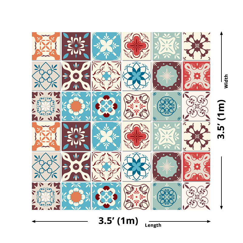 Flowers Wallpaper Panel Set Boho Exotic Mosaic Tile Peel Wall Covering in Blue, 3.5' L x 3.5" W Clearhalo 'Wall Decor' 'Wallpaper' 1618197