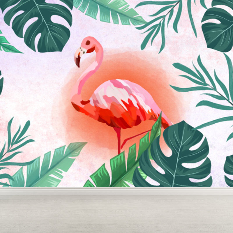 Tropical Leaves and Flamingo Mural Decal Red Dining Room Wall Covering, Personalized Red Clearhalo 'Wall Decor' 'Wall Mural' 1618292