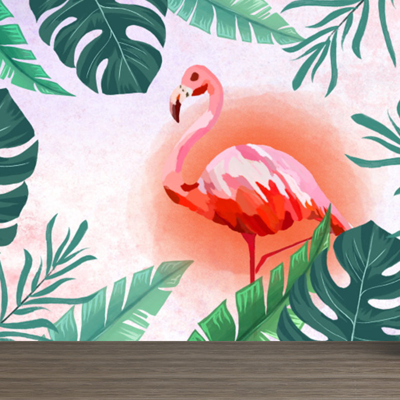 Tropical Leaves and Flamingo Mural Decal Red Dining Room Wall Covering, Personalized Clearhalo 'Wall Decor' 'Wall Mural' 1618293