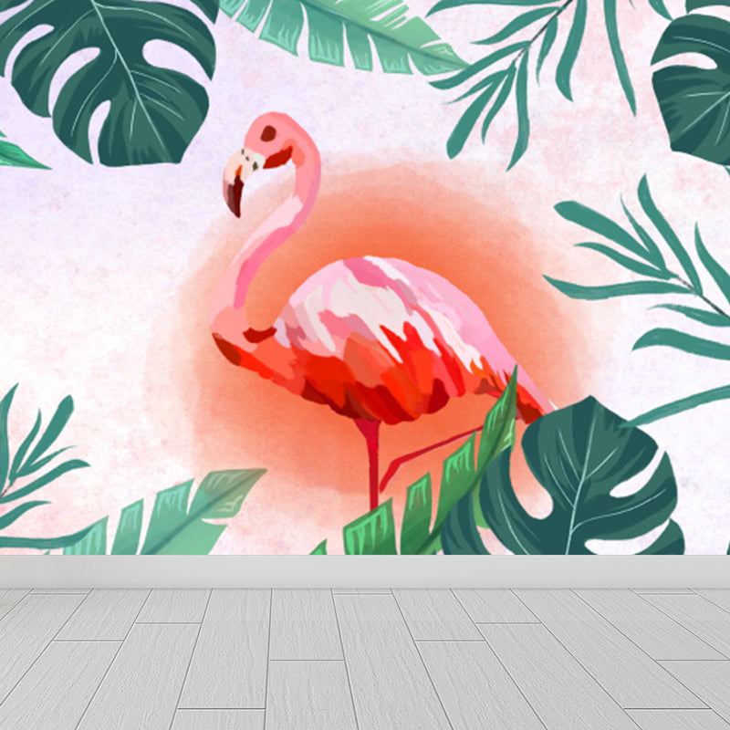 Tropical Leaves and Flamingo Mural Decal Red Dining Room Wall Covering, Personalized Clearhalo 'Wall Decor' 'Wall Mural' 1618294