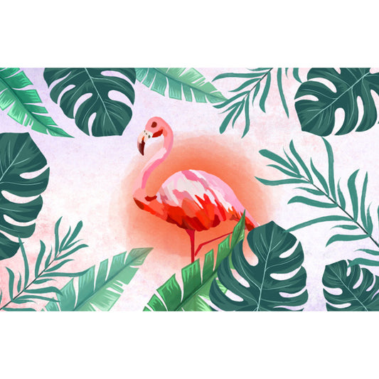 Tropical Leaves and Flamingo Mural Decal Red Dining Room Wall Covering, Personalized