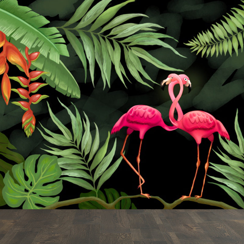 Green Flamingos Mural Wallpaper Wild Animals Tropical Stain Resistant Wall Covering Green Clearhalo 'Wall Decor' 'Wall Mural' 1618297