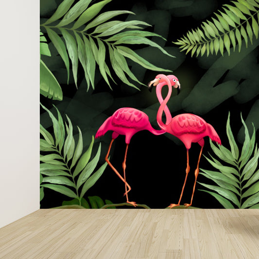 Green Flamingos Mural Wallpaper Wild Animals Tropical Stain Resistant Wall Covering Clearhalo 'Wall Decor' 'Wall Mural' 1618298
