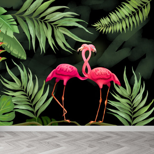Green Flamingos Mural Wallpaper Wild Animals Tropical Stain Resistant Wall Covering Clearhalo 'Wall Decor' 'Wall Mural' 1618299