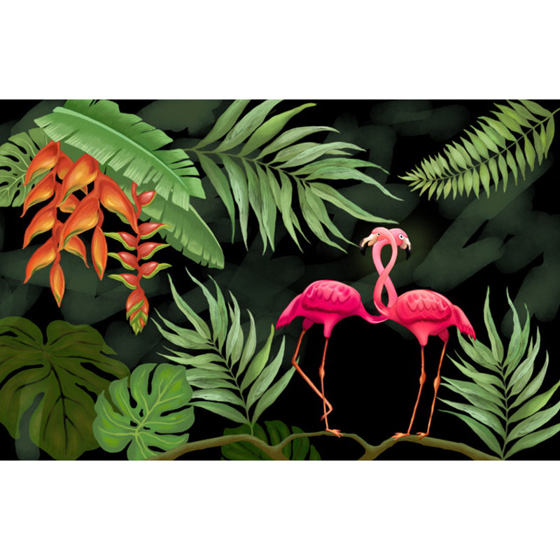 Green Flamingos Mural Wallpaper Wild Animals Tropical Stain Resistant Wall Covering Clearhalo 'Wall Decor' 'Wall Mural' 1618300