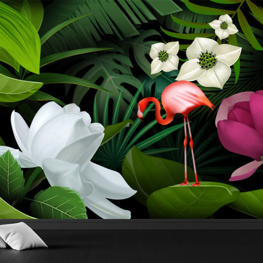 Tropicas Ducked Flamingo Mural Decal Green Wild Botanical Landscape Wall Covering Clearhalo 'Wall Decor' 'Wall Mural' 1618308