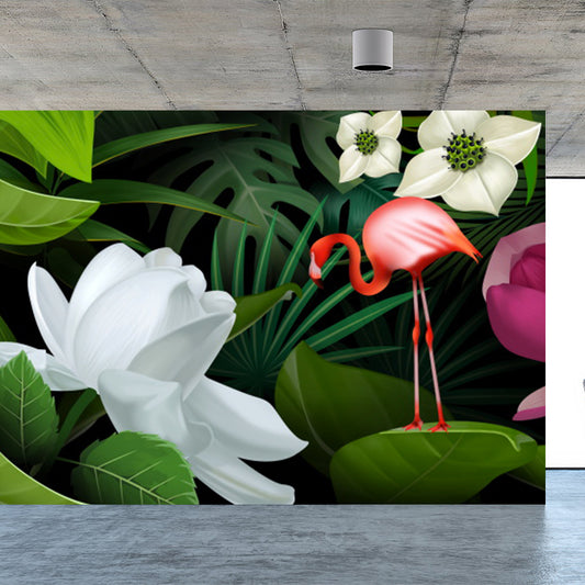 Tropicas Ducked Flamingo Mural Decal Green Wild Botanical Landscape Wall Covering Clearhalo 'Wall Decor' 'Wall Mural' 1618309