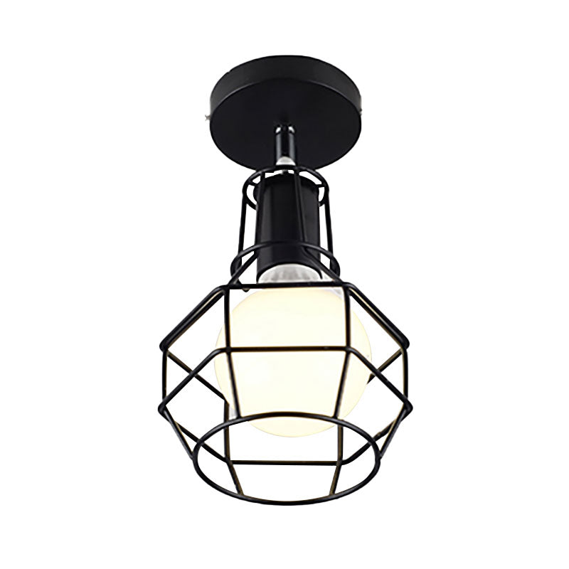 Metallic Ball Semi Flush Lamp with Cage Shade Industrial 1 Light Coffee Shop Ceiling Light Fixture in Black Clearhalo 'Ceiling Lights' 'Close To Ceiling Lights' 'Close to ceiling' 'Semi-flushmount' Lighting' 161831