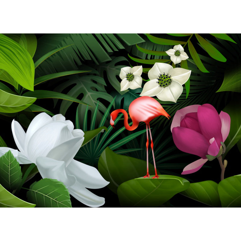 Tropicas Ducked Flamingo Mural Decal Green Wild Botanical Landscape Wall Covering Clearhalo 'Wall Decor' 'Wall Mural' 1618310