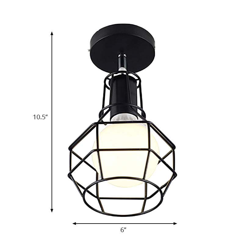 Metallic Ball Semi Flush Lamp with Cage Shade Industrial 1 Light Coffee Shop Ceiling Light Fixture in Black Clearhalo 'Ceiling Lights' 'Close To Ceiling Lights' 'Close to ceiling' 'Semi-flushmount' Lighting' 161832