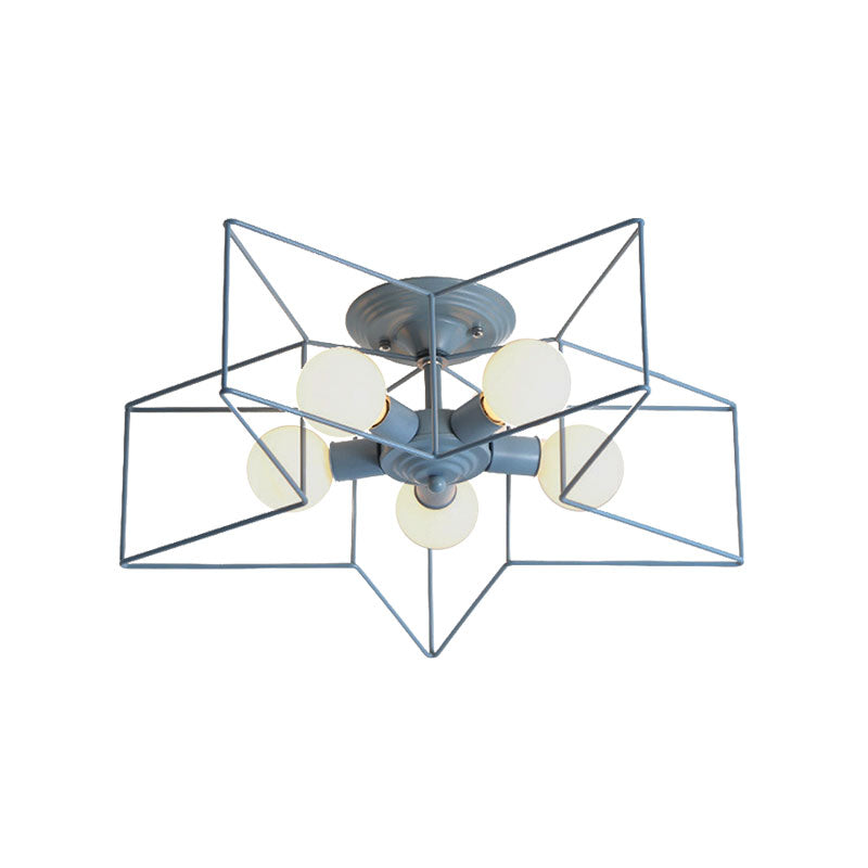 5 Bulbs Semi-Flush Ceiling Fixture with Star Cage Shade Metallic Loft Stylish Indoor Semi Flush Light in Grey/Pink Clearhalo 'Ceiling Lights' 'Close To Ceiling Lights' 'Close to ceiling' 'Semi-flushmount' Lighting' 161842