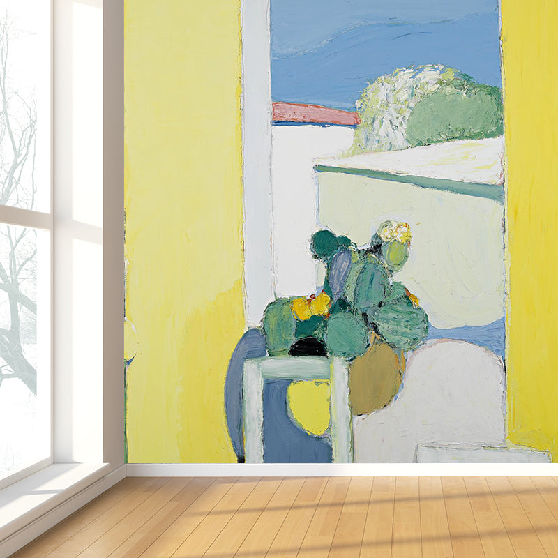 Illustration Style Pot Plant Mural Decal for Living Room, Yellow, Custom Size Available Yellow Clearhalo 'Wall Decor' 'Wall Mural' 1618423