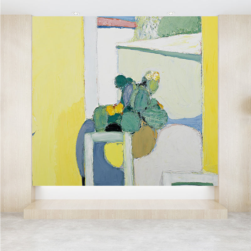 Illustration Style Pot Plant Mural Decal for Living Room, Yellow, Custom Size Available Clearhalo 'Wall Decor' 'Wall Mural' 1618425