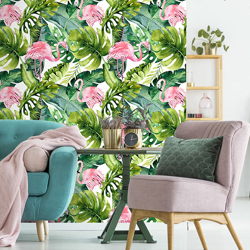 Green Plant Leaf Wallpaper Flamingo Tropical Peel and Stick Wall Art for Sitting Room Green 1 Set Clearhalo 'Modern wall decor' 'Modern' 'Wallpaper' Wall Decor' 1618550