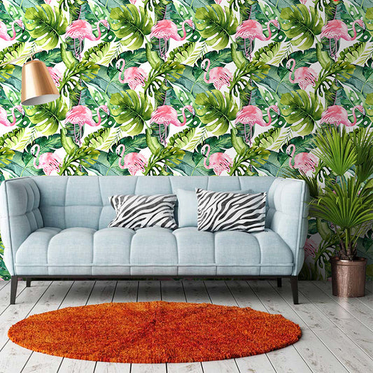 Green Plant Leaf Wallpaper Flamingo Tropical Peel and Stick Wall Art for Sitting Room Clearhalo 'Modern wall decor' 'Modern' 'Wallpaper' Wall Decor' 1618551