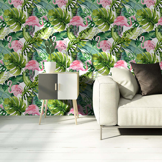 Green Plant Leaf Wallpaper Flamingo Tropical Peel and Stick Wall Art for Sitting Room Clearhalo 'Modern wall decor' 'Modern' 'Wallpaper' Wall Decor' 1618552
