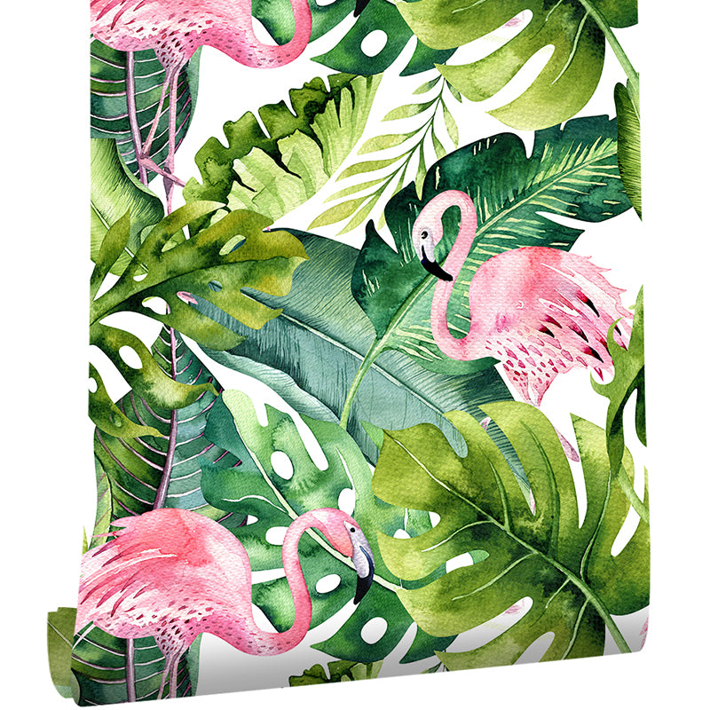 Green Plant Leaf Wallpaper Flamingo Tropical Peel and Stick Wall Art for Sitting Room Clearhalo 'Modern wall decor' 'Modern' 'Wallpaper' Wall Decor' 1618553