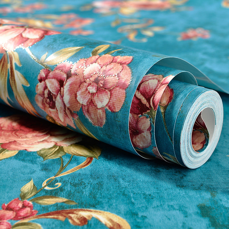 Unpasted Flower Print Wallpaper Roll Rustic Non-Woven Fabric Wall Covering, Custom Size Dark Blue 1 Set Clearhalo 'Country wall decor' 'Rustic' 'Wallpaper' Wall Decor' 1618557