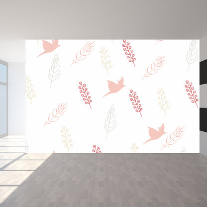 Giant Contemporary Wall Mural in Light Color Birds and Feathers Wall Decor, Custom Printed Pink Clearhalo 'Wall Decor' 'Wall Mural' 1618566