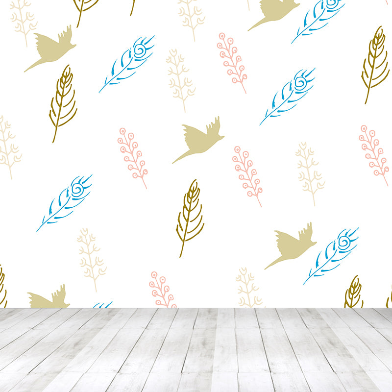 Giant Contemporary Wall Mural in Light Color Birds and Feathers Wall Decor, Custom Printed Clearhalo 'Wall Decor' 'Wall Mural' 1618572