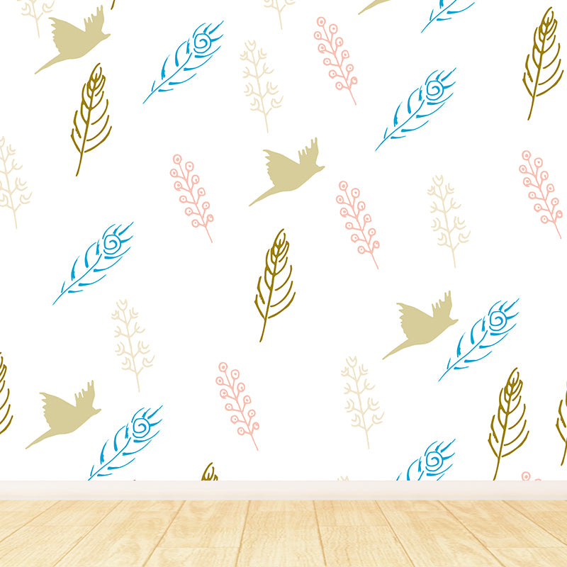 Giant Contemporary Wall Mural in Light Color Birds and Feathers Wall Decor, Custom Printed Clearhalo 'Wall Decor' 'Wall Mural' 1618573