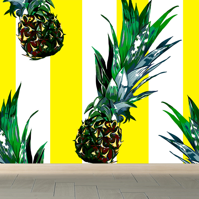 Tasty Pineapple and Stripes Mural Wallpaper Modern Non-Woven Material Wall Covering Yellow Clearhalo 'Wall Decor' 'Wall Mural' 1618576