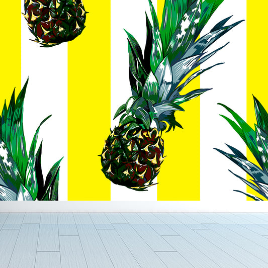 Tasty Pineapple and Stripes Mural Wallpaper Modern Non-Woven Material Wall Covering Clearhalo 'Wall Decor' 'Wall Mural' 1618577