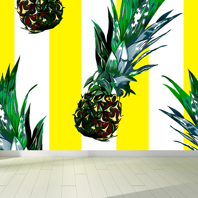 Tasty Pineapple and Stripes Mural Wallpaper Modern Non-Woven Material Wall Covering Clearhalo 'Wall Decor' 'Wall Mural' 1618578
