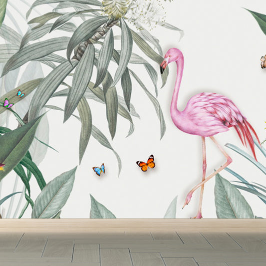 Standing Flamingo and Flower Mural Decal Tropical Non-Woven Wall Covering in Pink Clearhalo 'Wall Decor' 'Wall Mural' 1618607