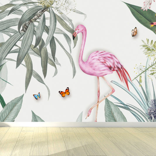 Standing Flamingo and Flower Mural Decal Tropical Non-Woven Wall Covering in Pink Clearhalo 'Wall Decor' 'Wall Mural' 1618608