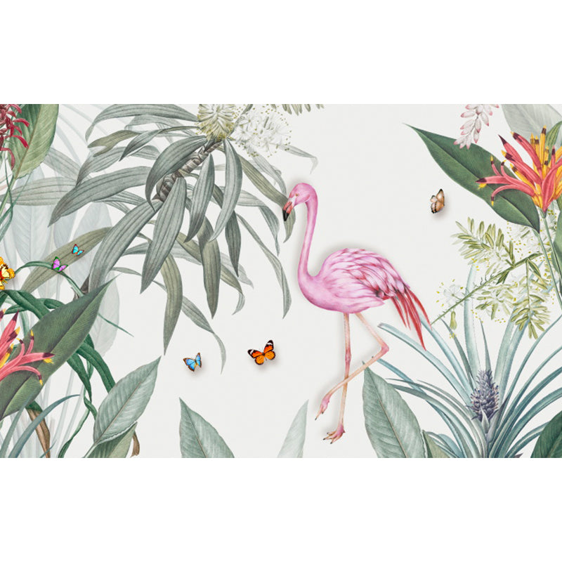 Standing Flamingo and Flower Mural Decal Tropical Non-Woven Wall Covering in Pink Clearhalo 'Wall Decor' 'Wall Mural' 1618609