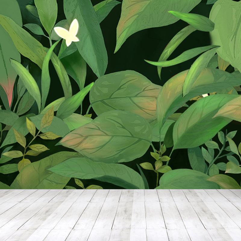 Tropical Leaves and Butterfly Mural Wallpaper Green Nature Botanical Wall Covering Green Clearhalo 'Wall Decor' 'Wall Mural' 1618611