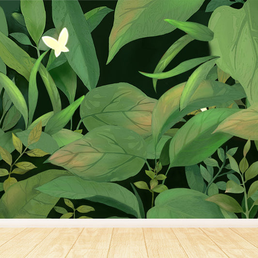 Tropical Leaves and Butterfly Mural Wallpaper Green Nature Botanical Wall Covering Clearhalo 'Wall Decor' 'Wall Mural' 1618612