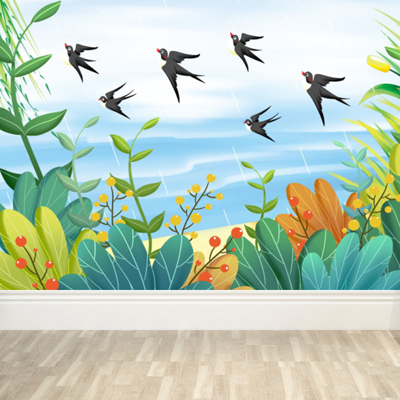 Romantic Birds and Botanical Mural Decal for Living Room, Turquoise, Personalize Aqua Clearhalo 'Wall Decor' 'Wall Mural' 1618621