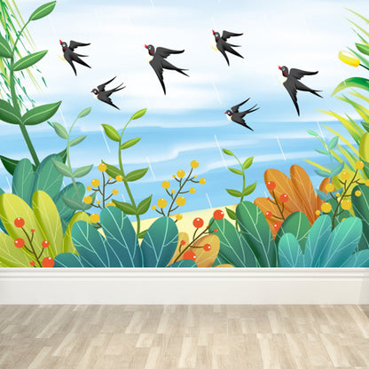 Romantic Birds and Botanical Mural Decal for Living Room, Turquoise, Personalize Aqua Clearhalo 'Wall Decor' 'Wall Mural' 1618621