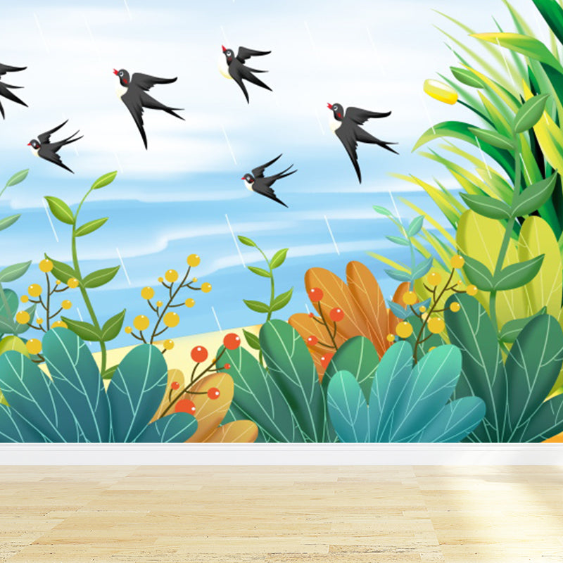 Romantic Birds and Botanical Mural Decal for Living Room, Turquoise, Personalize Clearhalo 'Wall Decor' 'Wall Mural' 1618622