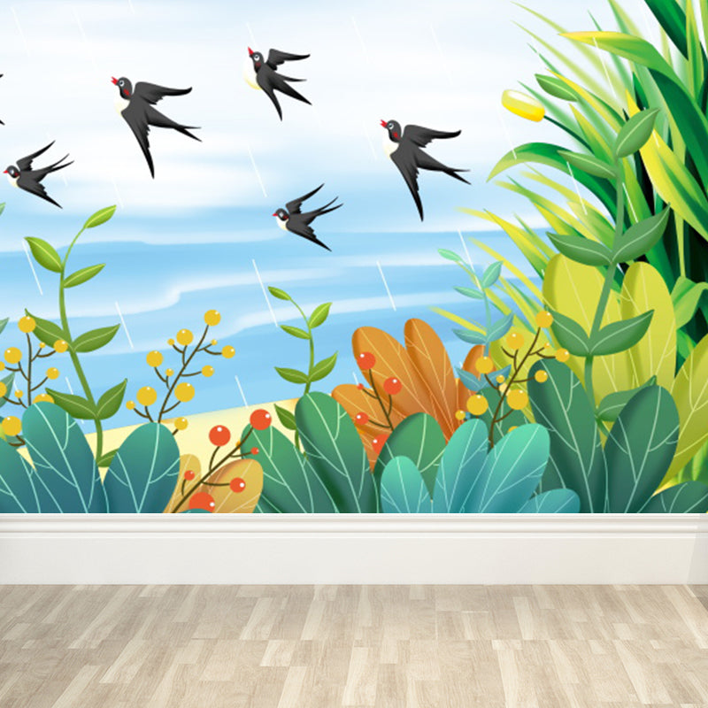 Romantic Birds and Botanical Mural Decal for Living Room, Turquoise, Personalize Clearhalo 'Wall Decor' 'Wall Mural' 1618623