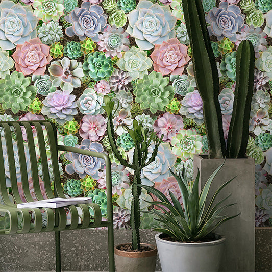 Green Succulents Blossom Wallpaper Bonsai Cottage Adhesive Wall Decor for Balcony
