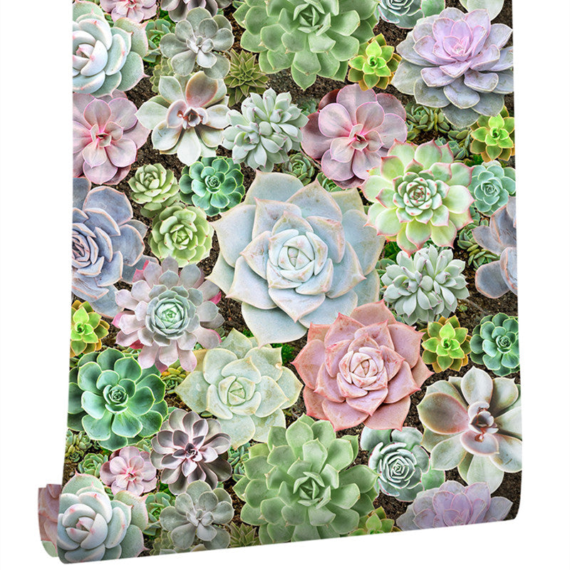 Green Succulents Blossom Wallpaper Bonsai Cottage Adhesive Wall Decor for Balcony Clearhalo 'Country wall decor' 'Rustic' 'Wallpaper' Wall Decor' 1618798