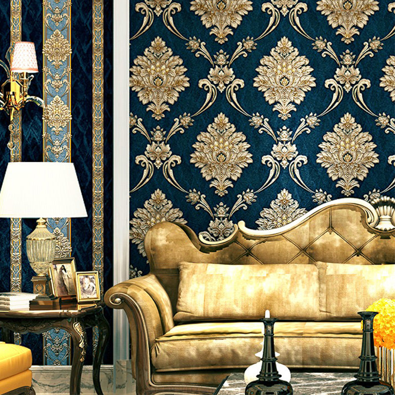 3D Embossed Unpasted Wallpaper Vintage Damask Printed Wall Decor for Living Room Blue Flower 1 Set Clearhalo 'Vintage wall decor' 'Vintage' 'Wallpaper' Wall Decor' 1618815