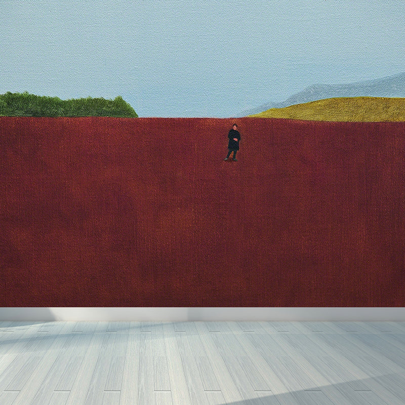 Modern Art Grassland Painting Mural Non-Woven Stain-Proof Red Wall Decor for Bedroom Clearhalo 'Wall Decor' 'Wall Mural' 1618863