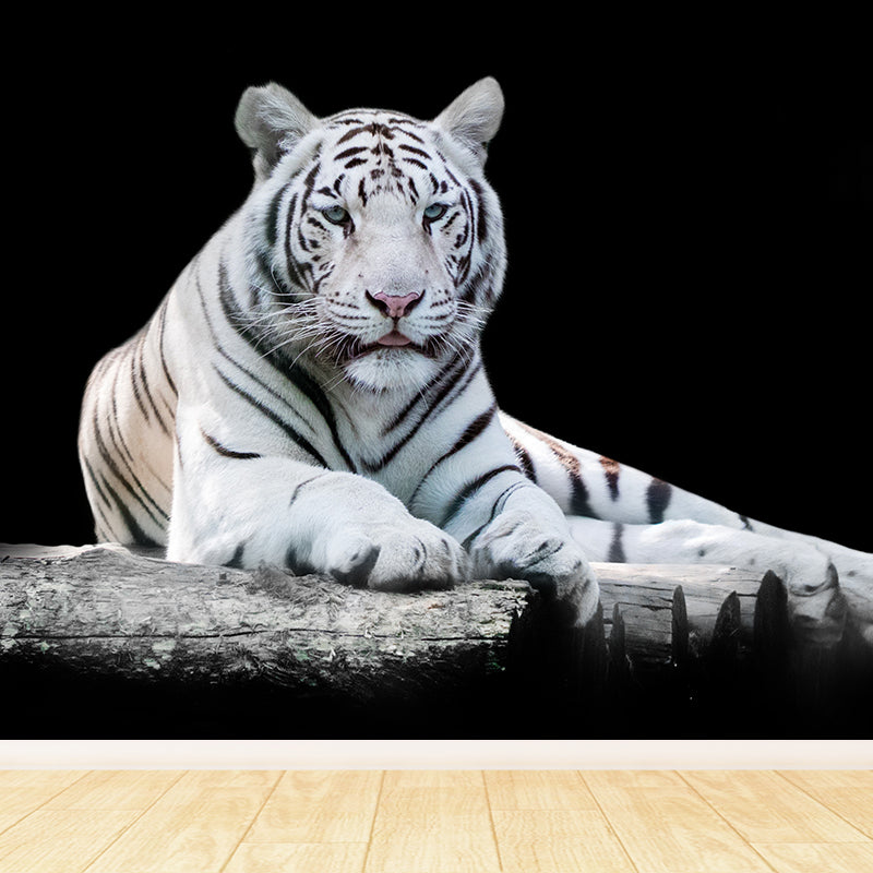 Modern Recumbent Tiger Mural Decal Black Dining Room Wall Decor, Custom Size Available Black Clearhalo 'Wall Decor' 'Wall Mural' 1618971