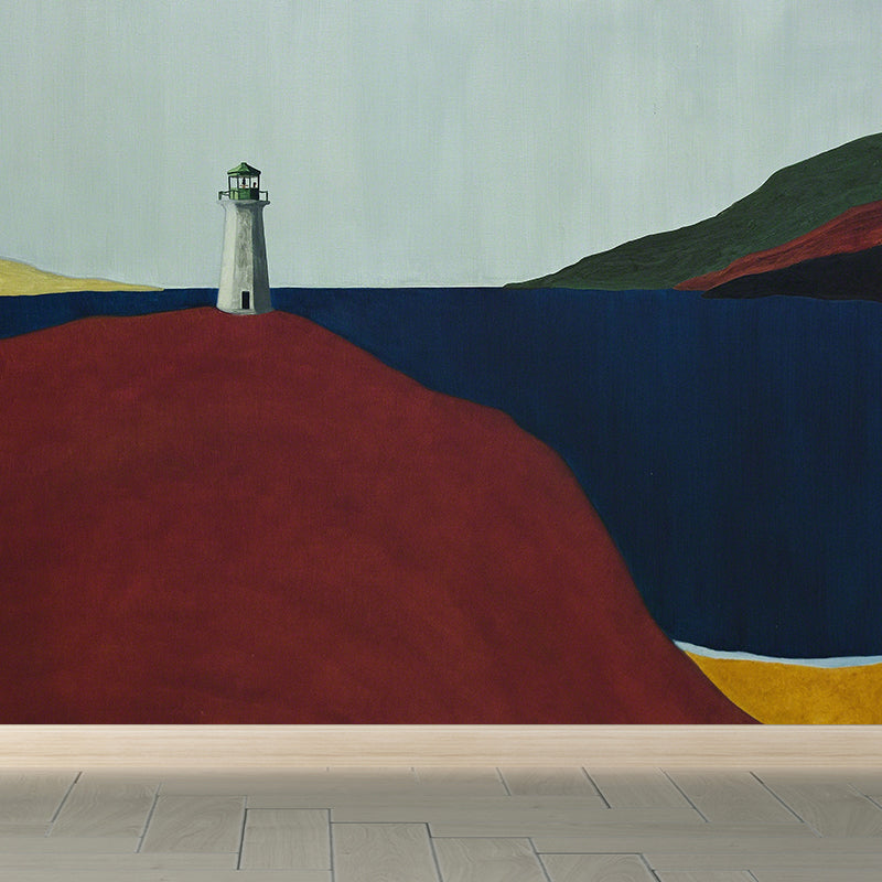 Modern Aesthetics Lighthouse Wall Mural Red Decorative Wall Covering for Dining Room Red Clearhalo 'Wall Decor' 'Wall Mural' 1619031