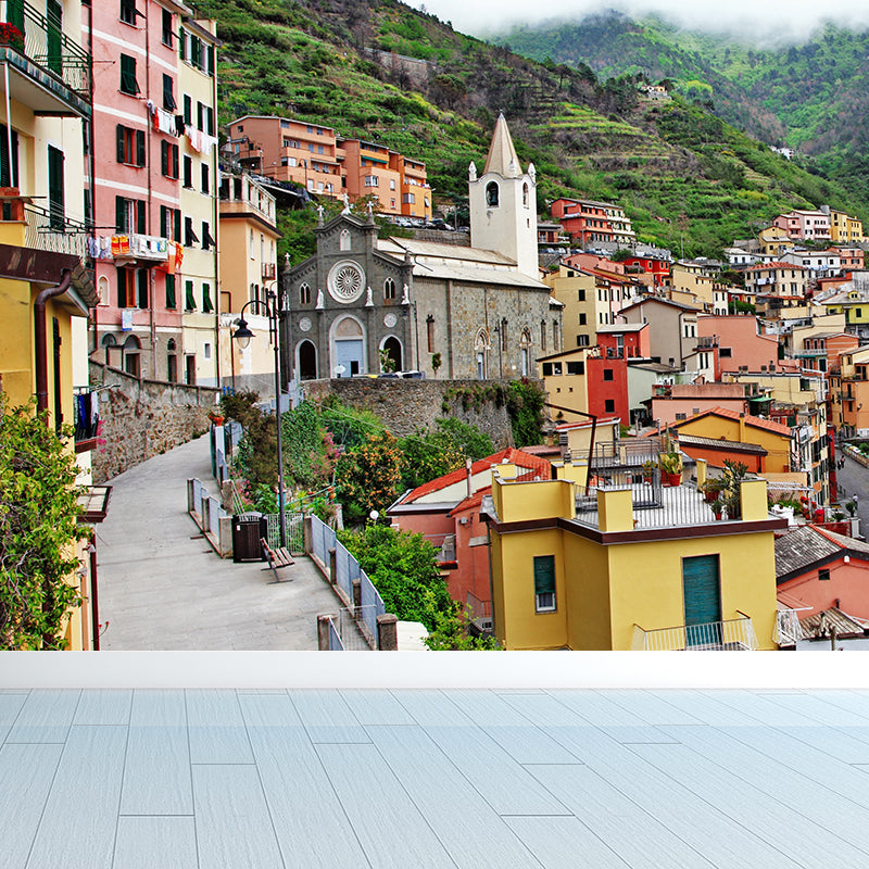 Mountain Town Building Mural Wallpaper Contemporary Non-Woven Material Wall Covering Green Clearhalo 'Wall Decor' 'Wall Mural' 1619046