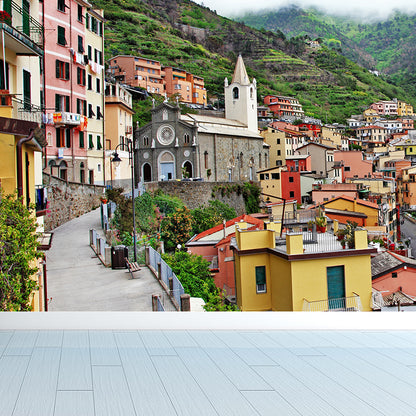 Mountain Town Building Mural Wallpaper Contemporary Non-Woven Material Wall Covering Green Clearhalo 'Wall Decor' 'Wall Mural' 1619046